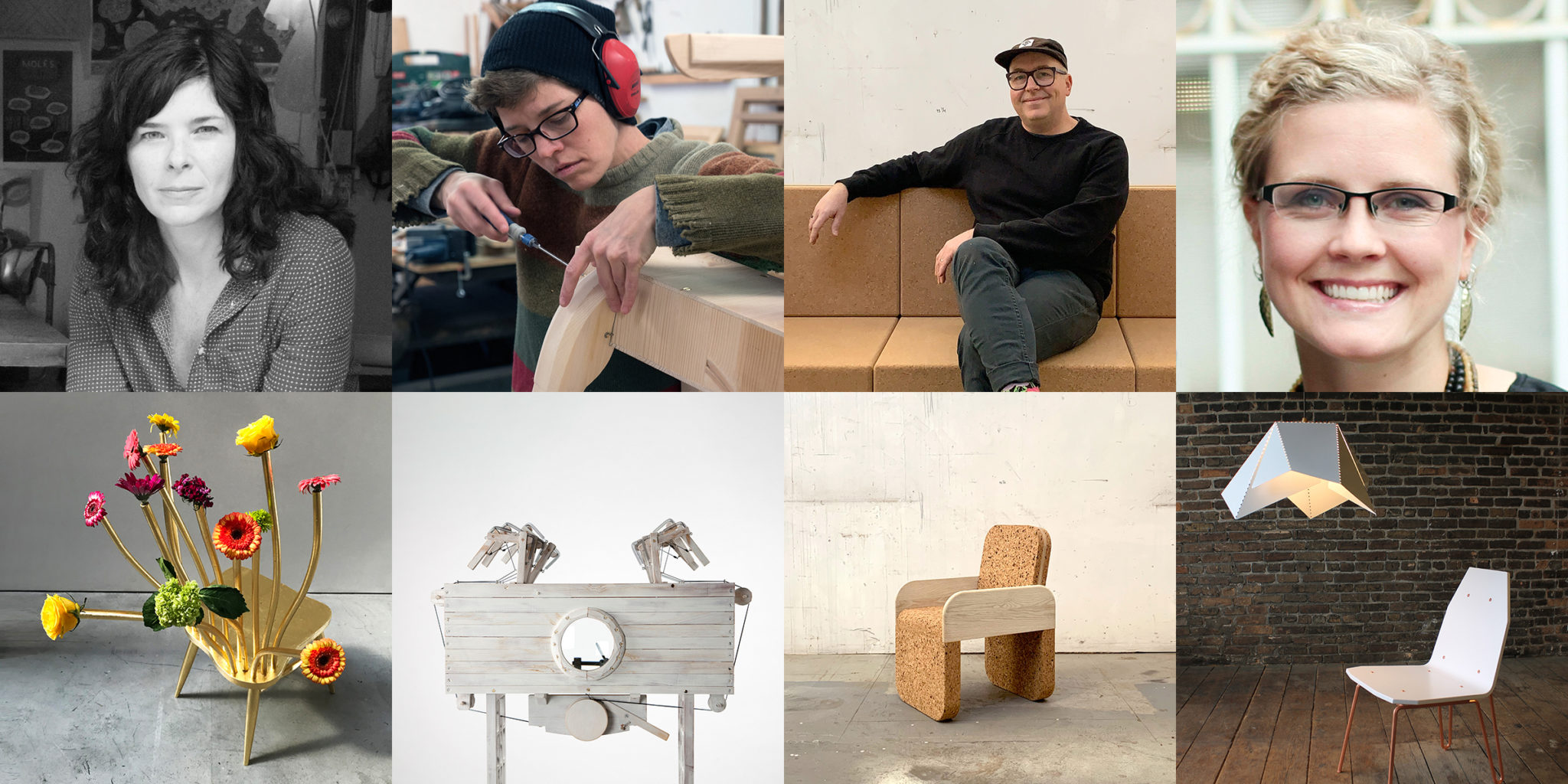 four square headshots in a grid over 4 images of furniture in a grid
