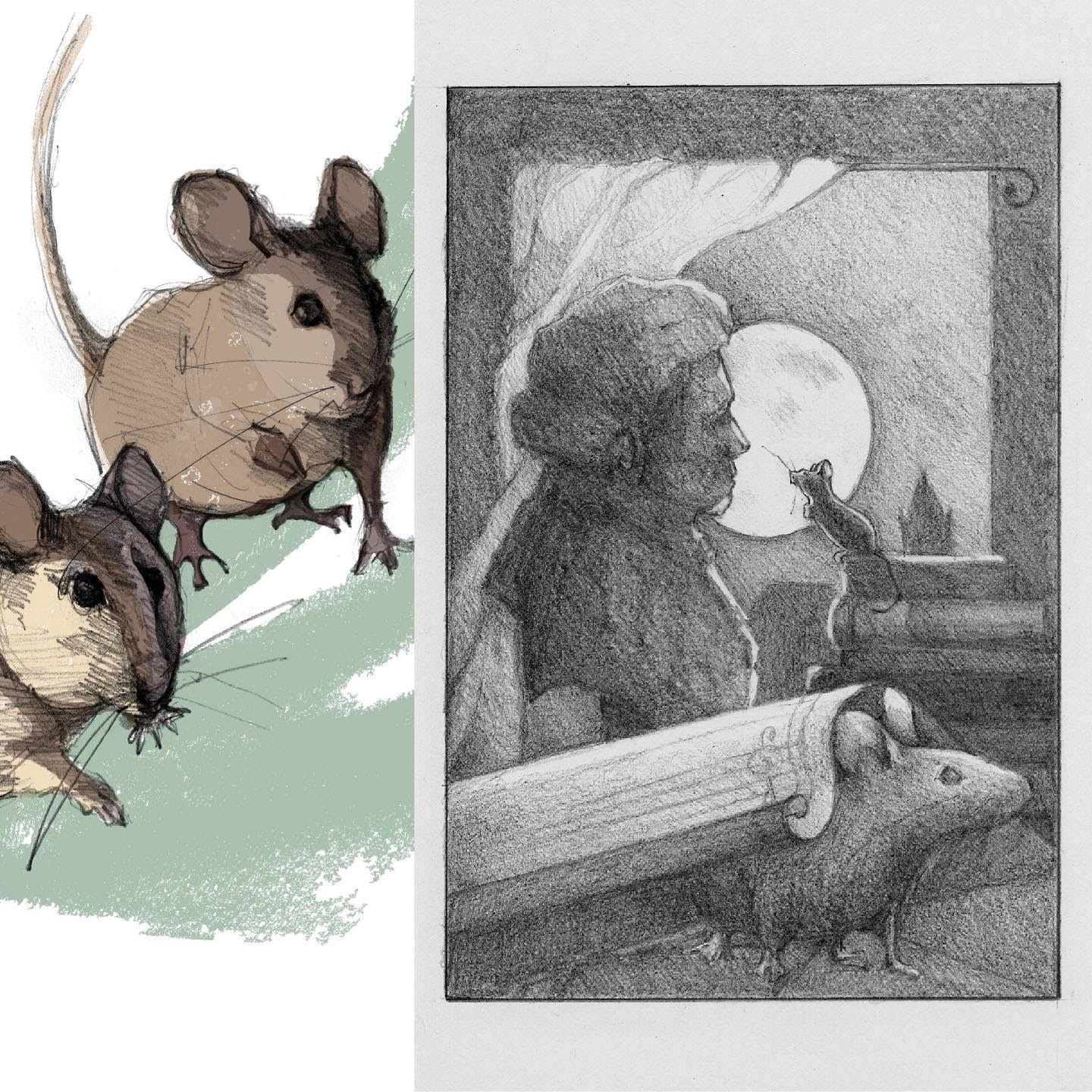 illustrations of mice and a woman
