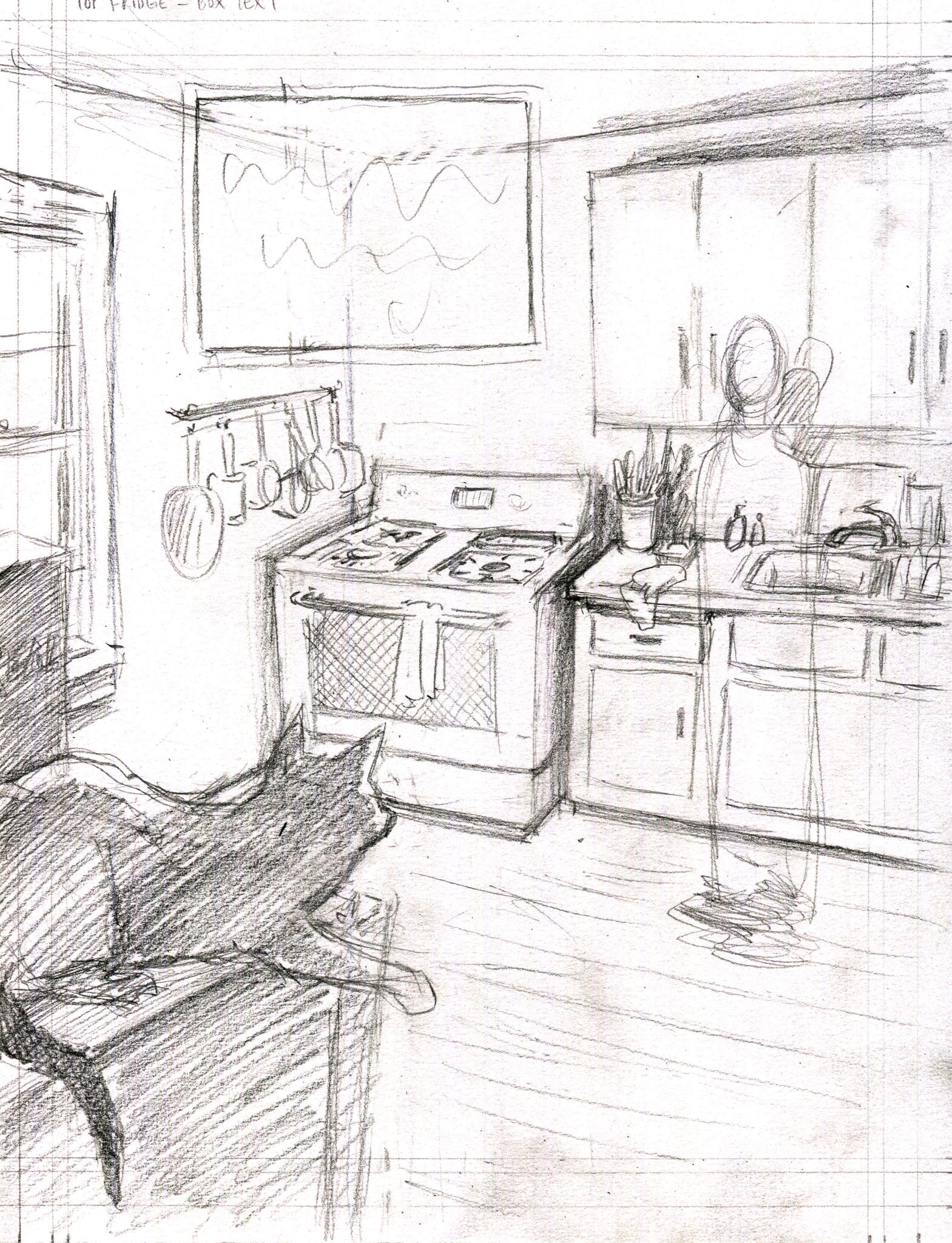 drawing of cat in kitchen
