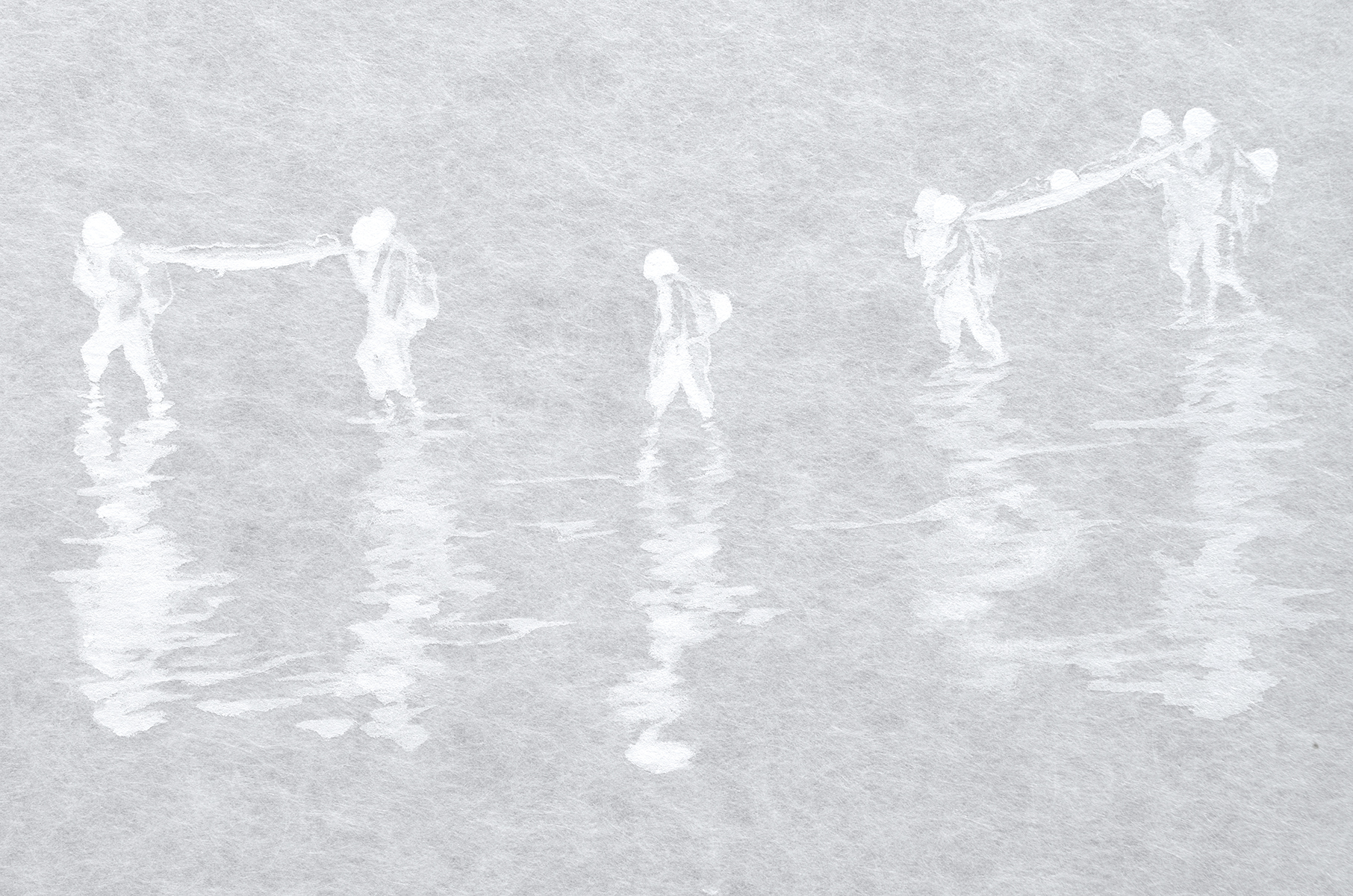 a drawing of people walking across water