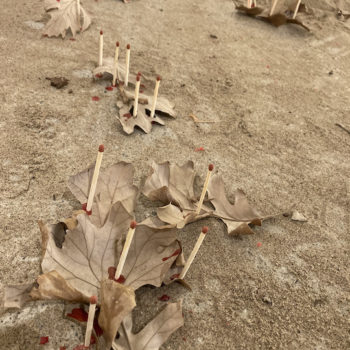 installation with sand, leaves, matches