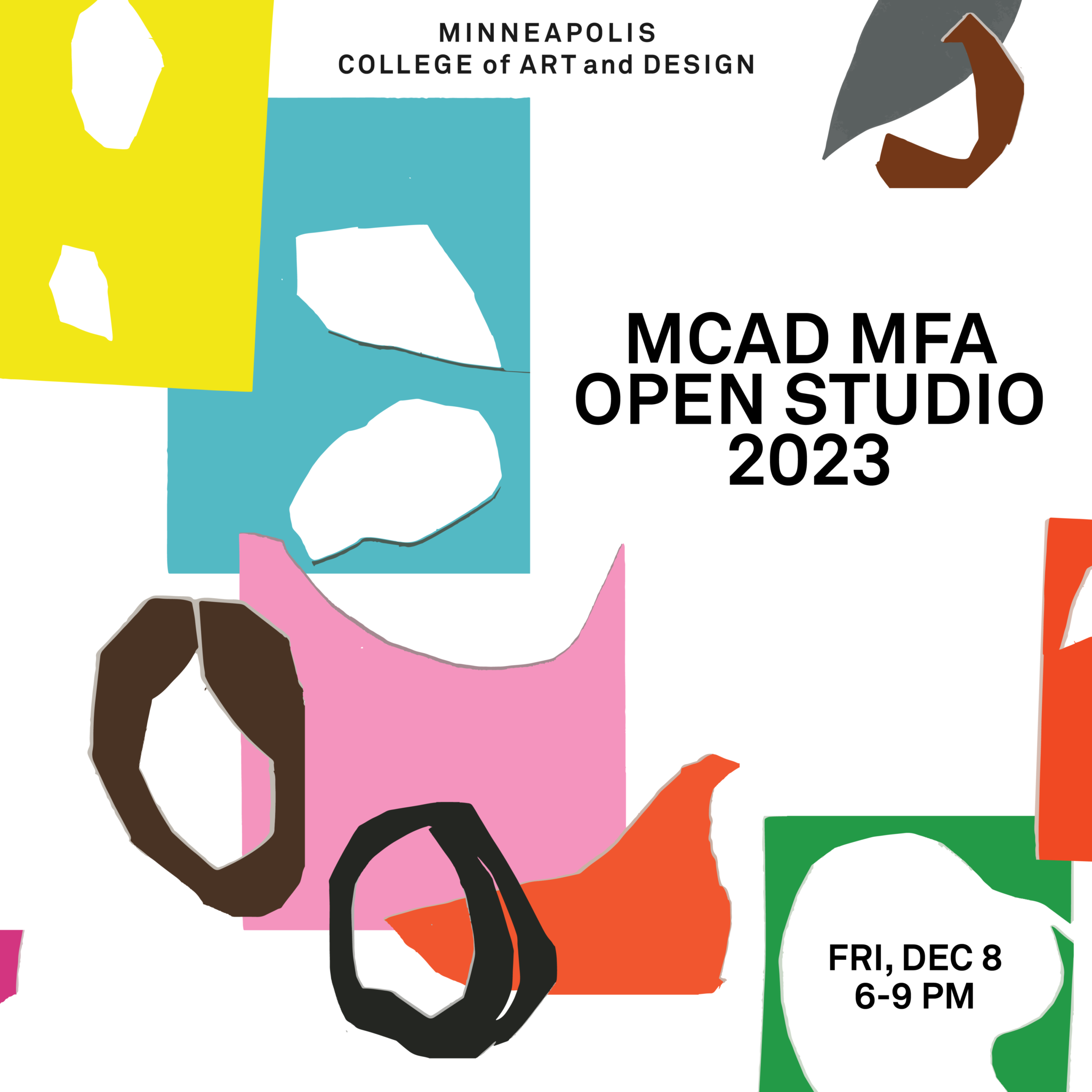 Graphic for MCAD MFA Open Studio Night with colorful vectorized cut paper collage