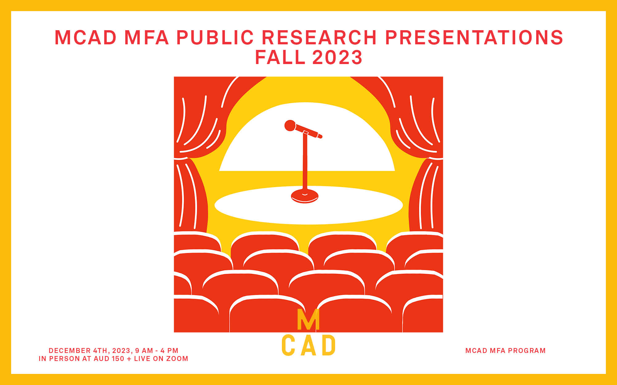 Public Research presentations poster in red and yellow with an image of a microphone on a stage