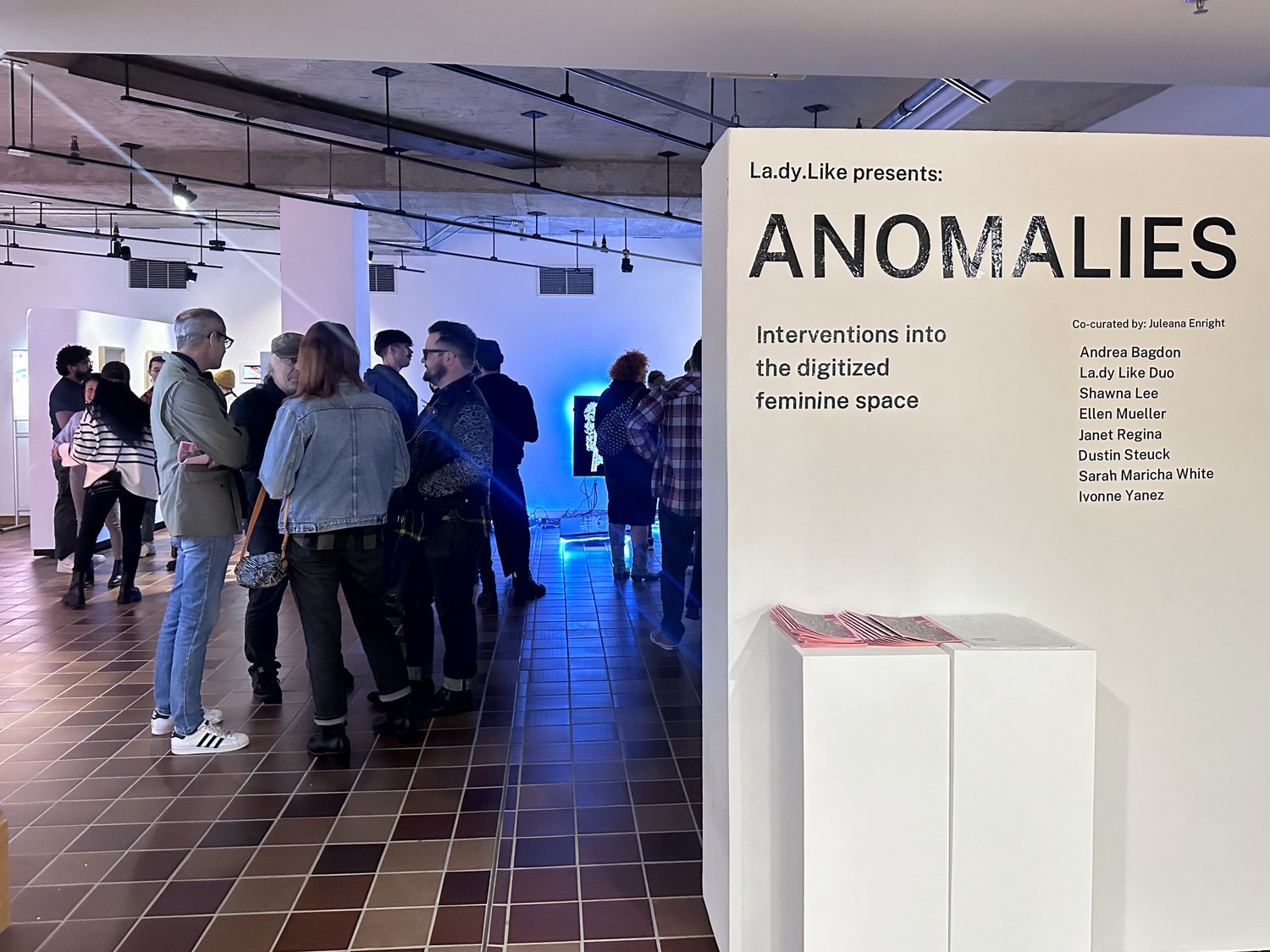 Opening wall of Anomalies exhibition. The wall contains vinyl with all of the names of artists participating in the show. Behind the wall are many groups of people chatting on opening night.